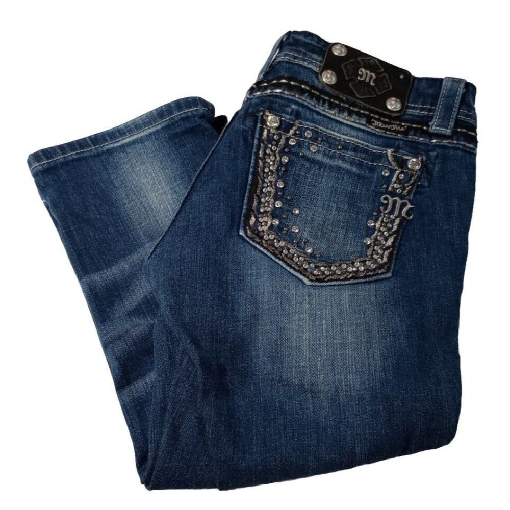 MISS ME Easy Crop Capri Embellished Bling Pocket Women's 26 Distressed